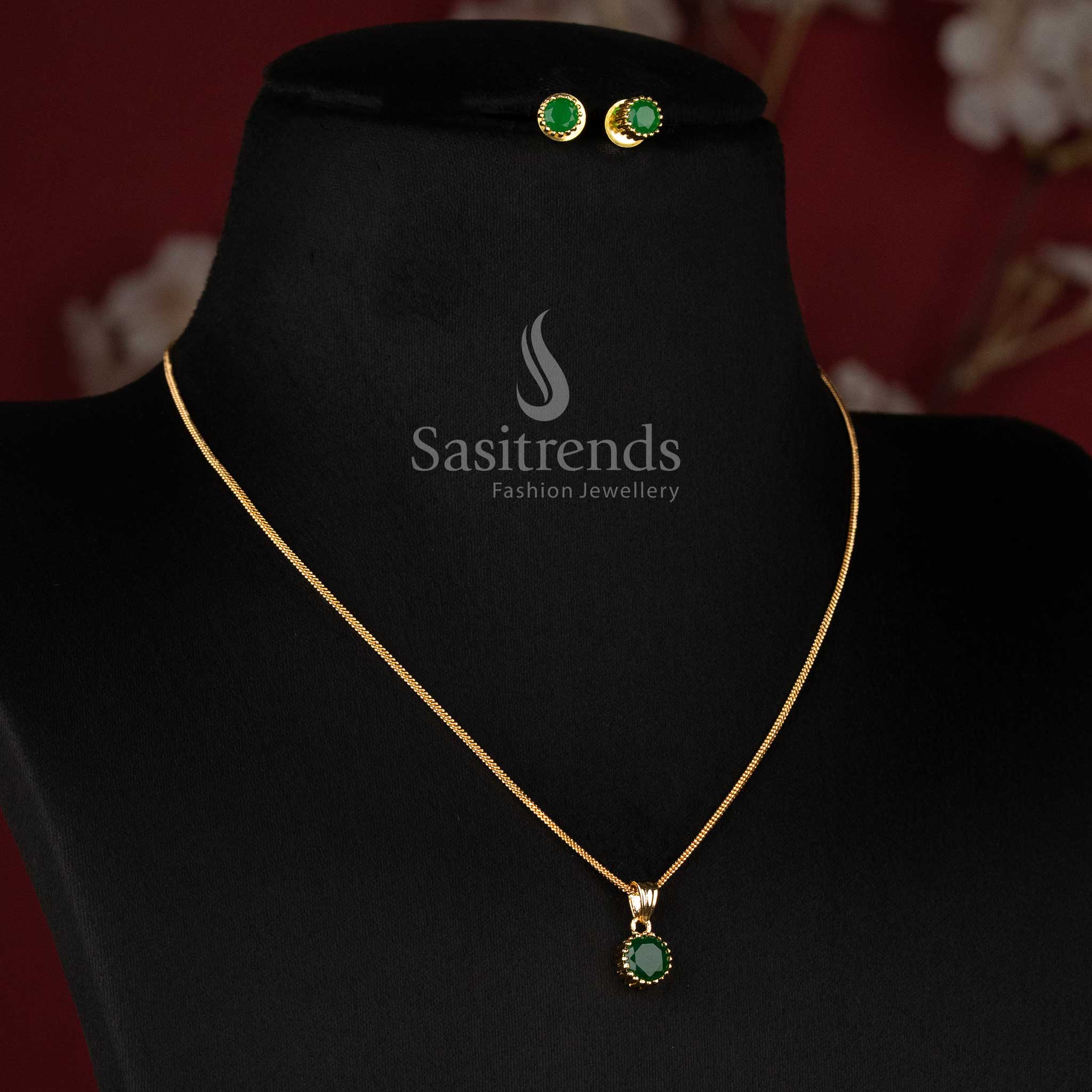 Elegant Micro Gold Plated Round Solitaire Pendant Chain Necklace with Beaded Border Pendant and Matching Stud Earrings - Sasitrends