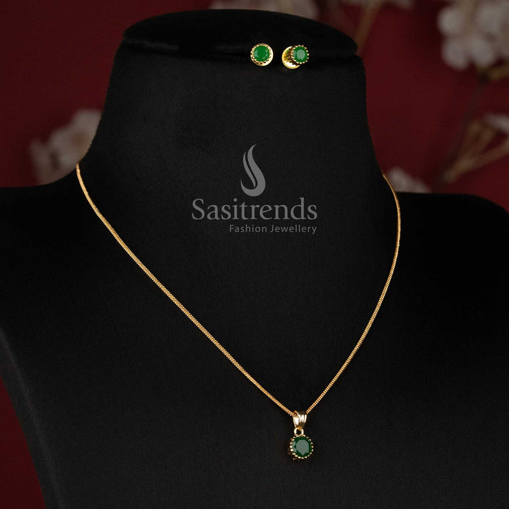 Elegant Micro Gold Plated Round Solitaire Pendant Chain Necklace with Beaded Border Pendant and Matching Stud Earrings - Sasitrends