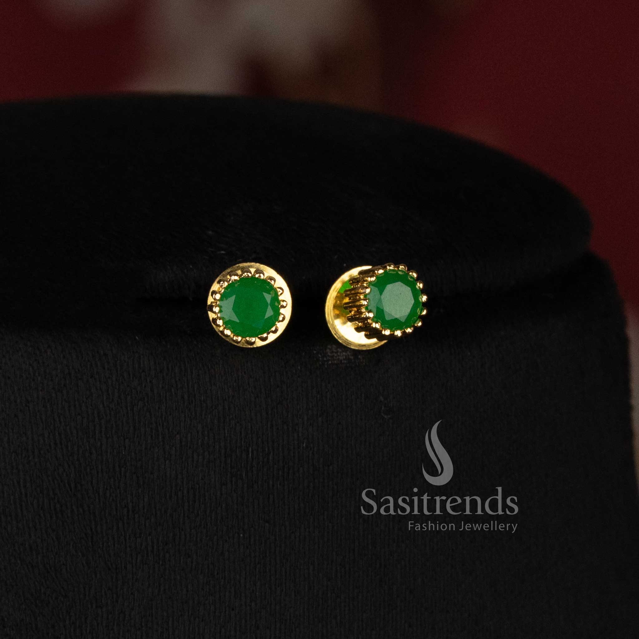 Elegant Micro Gold Plated Round Solitaire Pendant Chain Necklace with Beaded Border Pendant and Matching Stud Earrings - Sasitrends