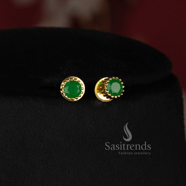 Elegant Micro Gold Plated Round Solitaire Pendant Chain Necklace with Beaded Border Pendant and Matching Stud Earrings - Sasitrends