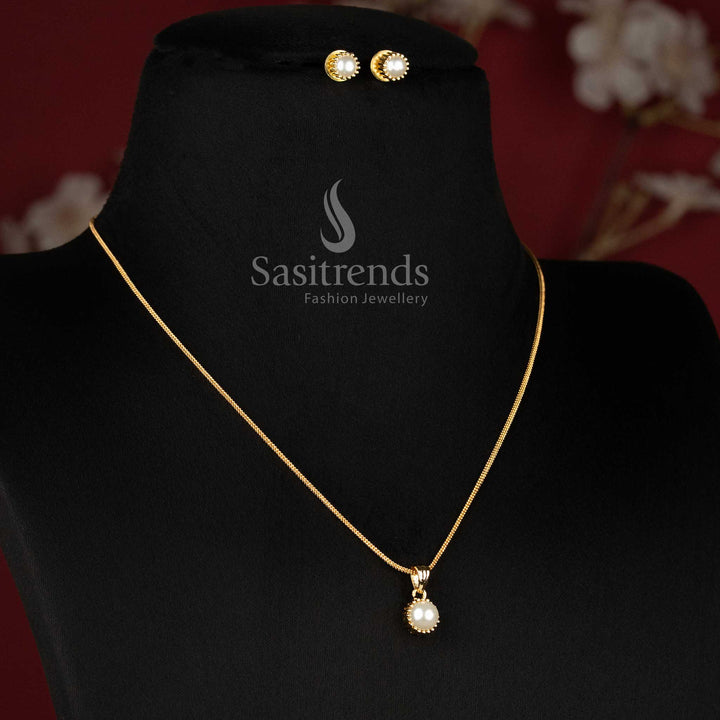 Micro Gold Plated Round Solitaire Pendant Chain Necklace Set with Matching Stud Earrings for Daily Wear Office Wear and Trendy Styling - Sasitrends