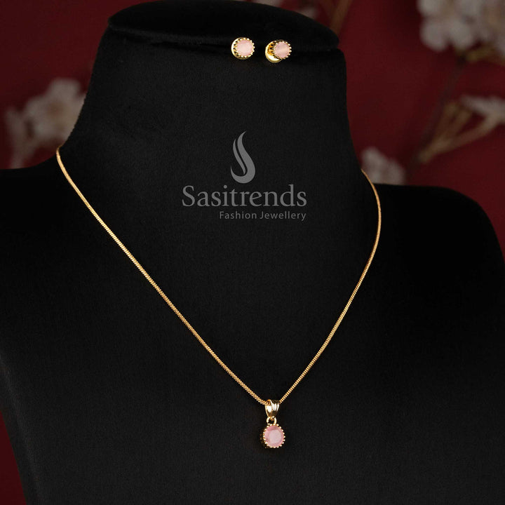 Micro Gold Plated Round Solitaire Pendant Chain Necklace Set with Matching Stud Earrings for Daily Wear Office Wear and Trendy Styling - Sasitrends