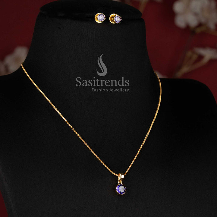 Micro Gold Plated Round Solitaire Pendant Chain Necklace Set with Matching Round Stud Earrings for Women - Sasitrends