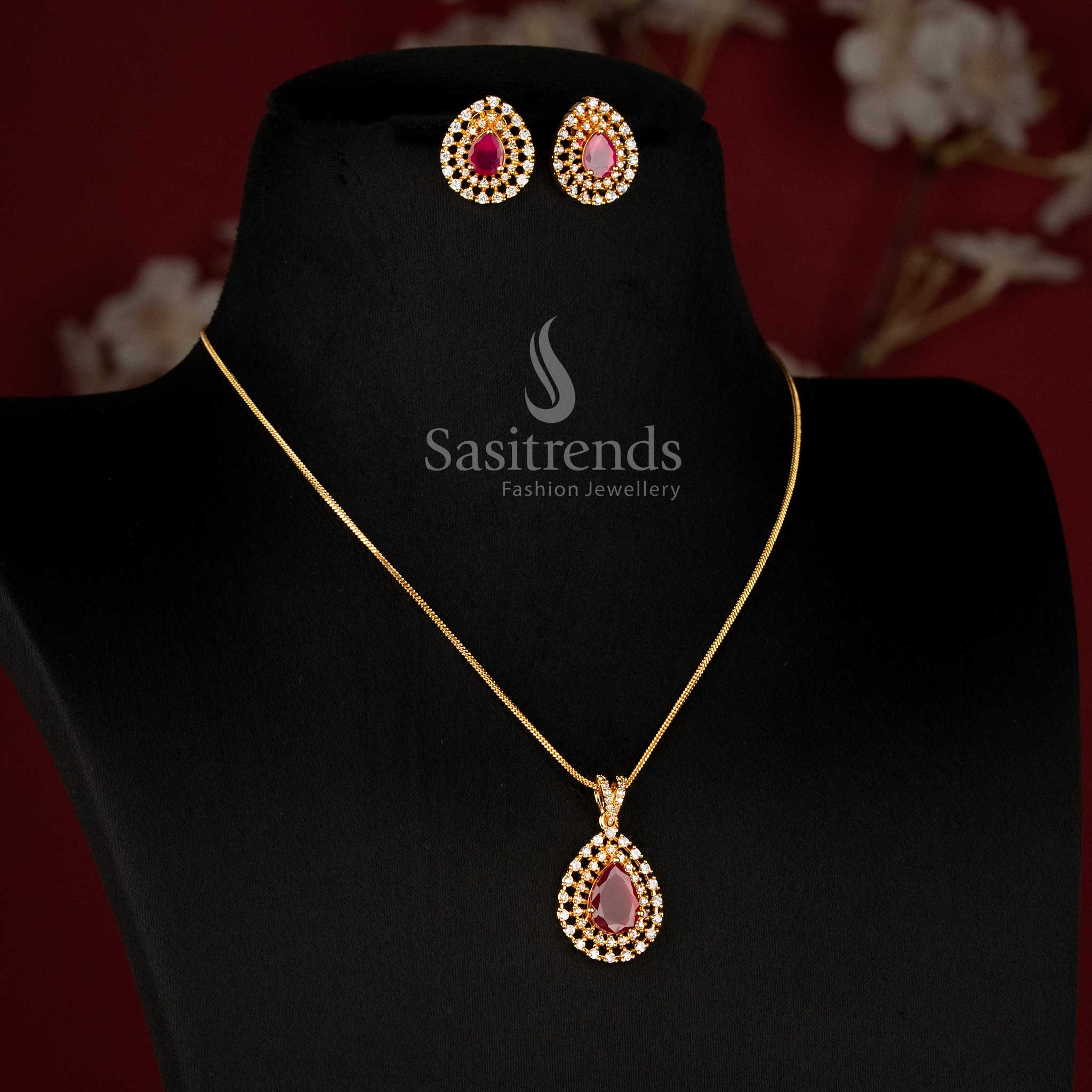 Sparkling Teardrop American Diamond Pendant Chain Necklace with Real Gold Look and Guaranteed Quality for Women - Sasitrends