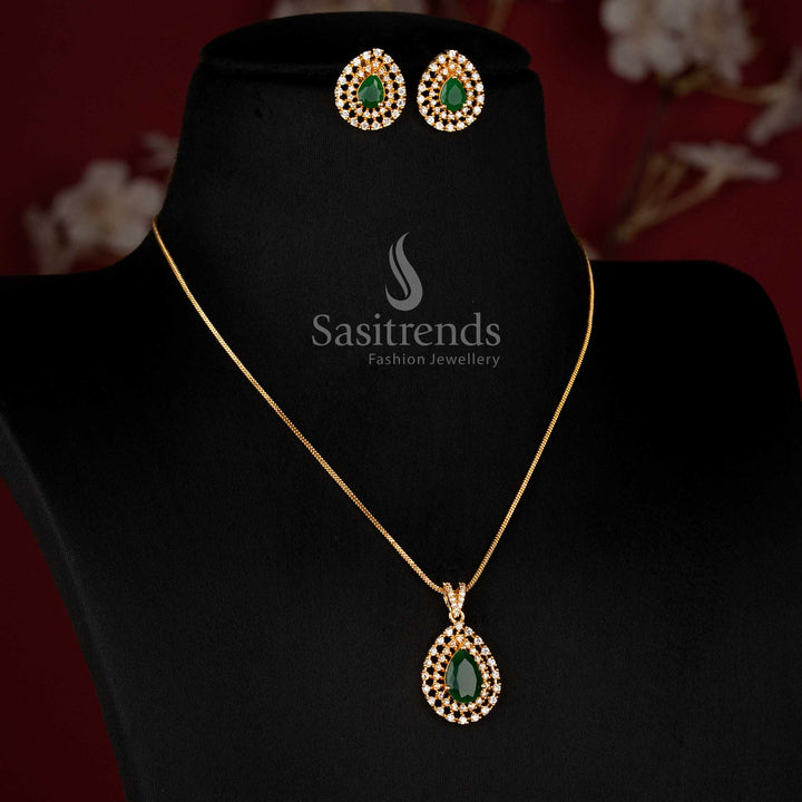 Elegant Micro Gold Plated American Diamond Teardrop Pendant Necklace Set for Party Wear Festive Wear Family Functions and Special Occasions - Sasitrends