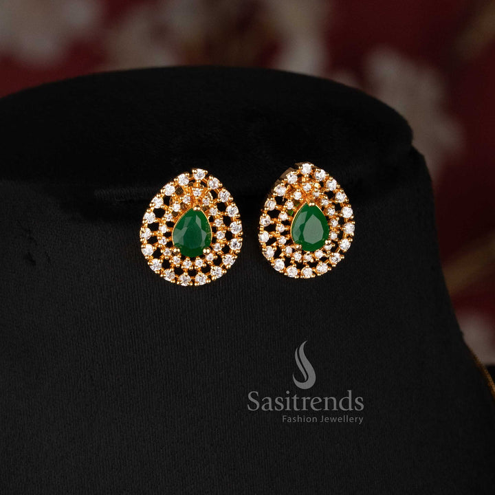 Elegant Micro Gold Plated American Diamond Teardrop Pendant Necklace Set for Party Wear Festive Wear Family Functions and Special Occasions - Sasitrends