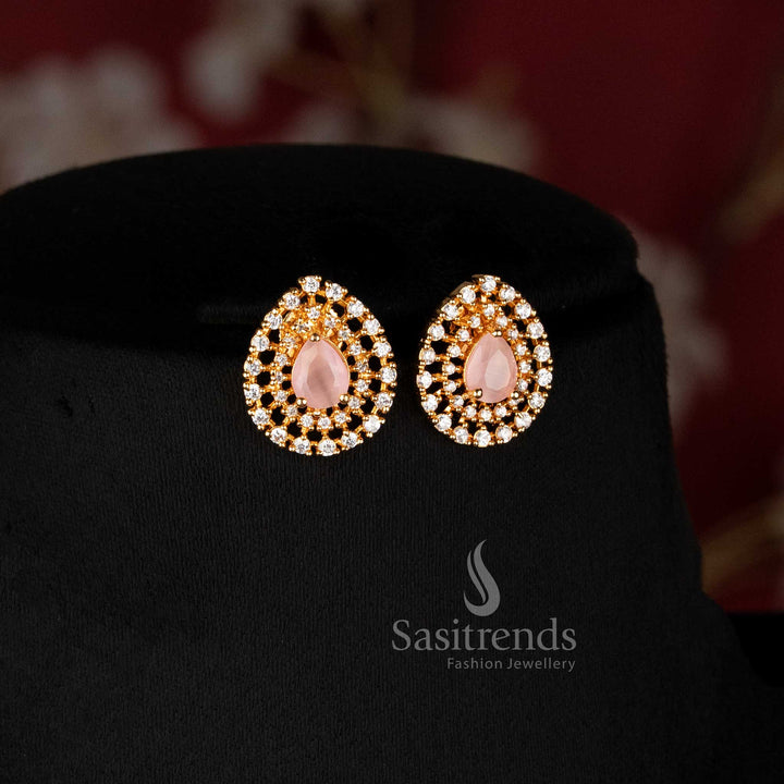 Elegant Micro Gold Plated American Diamond Teardrop Pendant Necklace Set for Party Wear Festive Wear Family Functions and Special Occasions - Sasitrends