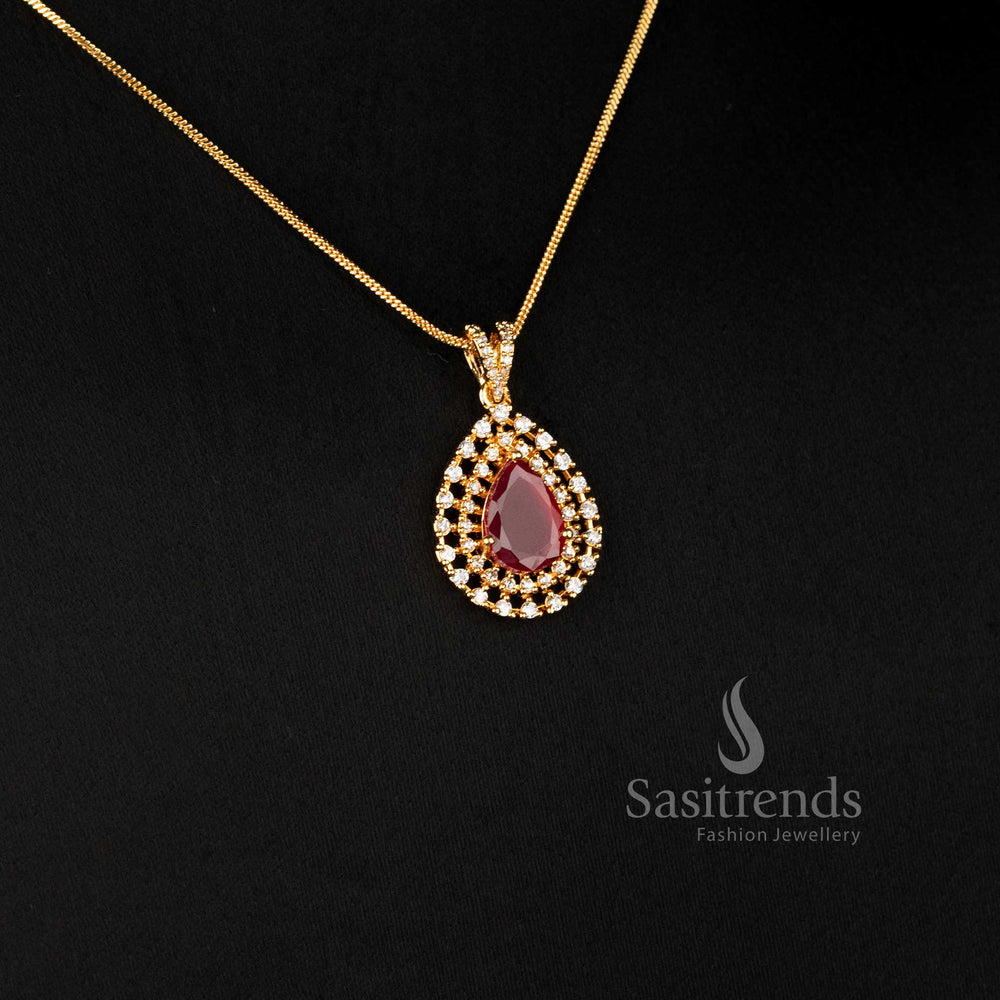 Sparkling Teardrop American Diamond Pendant Chain Necklace with Real Gold Look and Guaranteed Quality for Women - Sasitrends