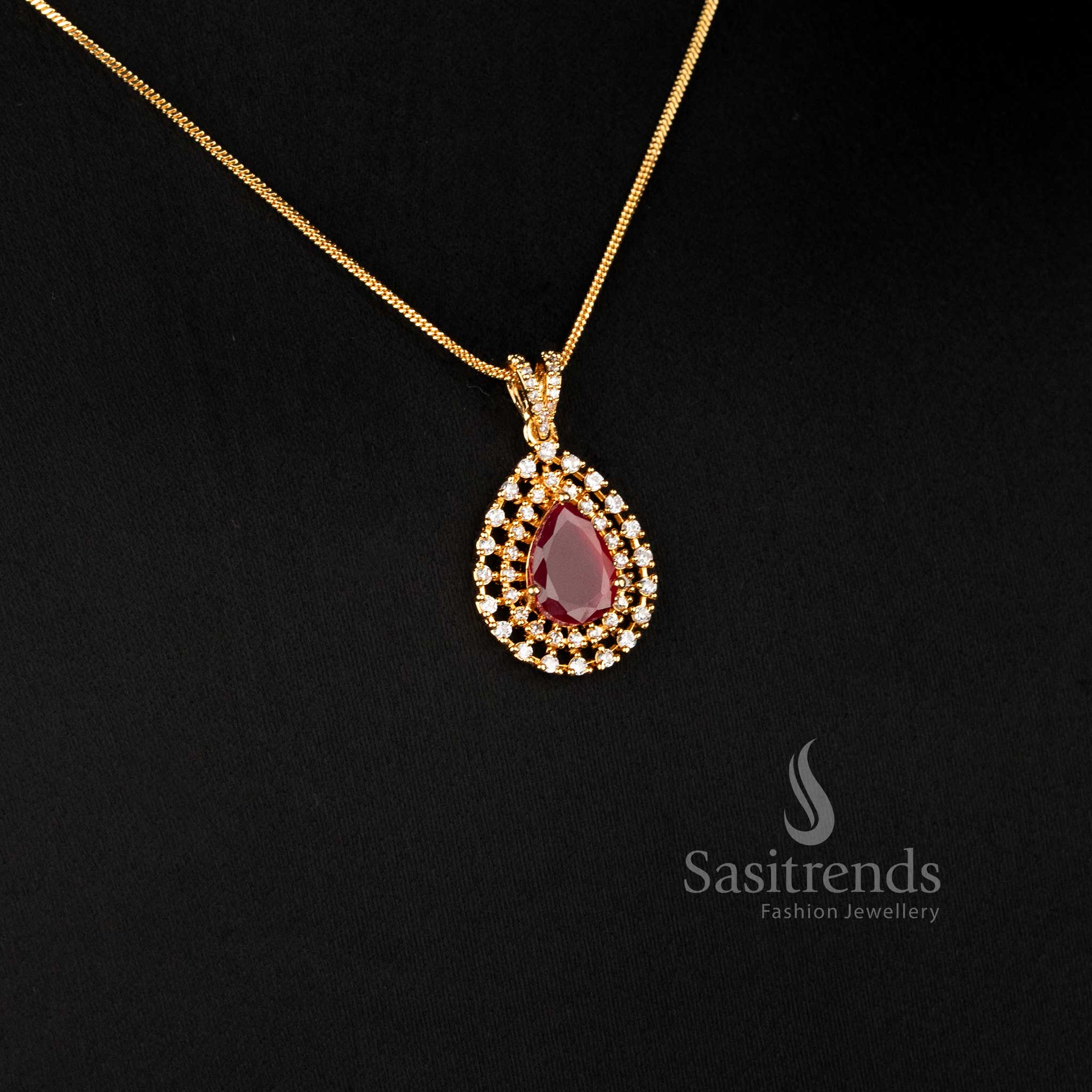 Sparkling Teardrop American Diamond Pendant Chain Necklace with Real Gold Look and Guaranteed Quality for Women - Sasitrends