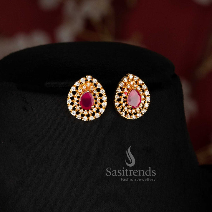 Micro Gold Plated AD Stone Teardrop Pendant Chain Necklace Set with Matching Pear-Shaped Stud Earrings for Women - Sasitrends
