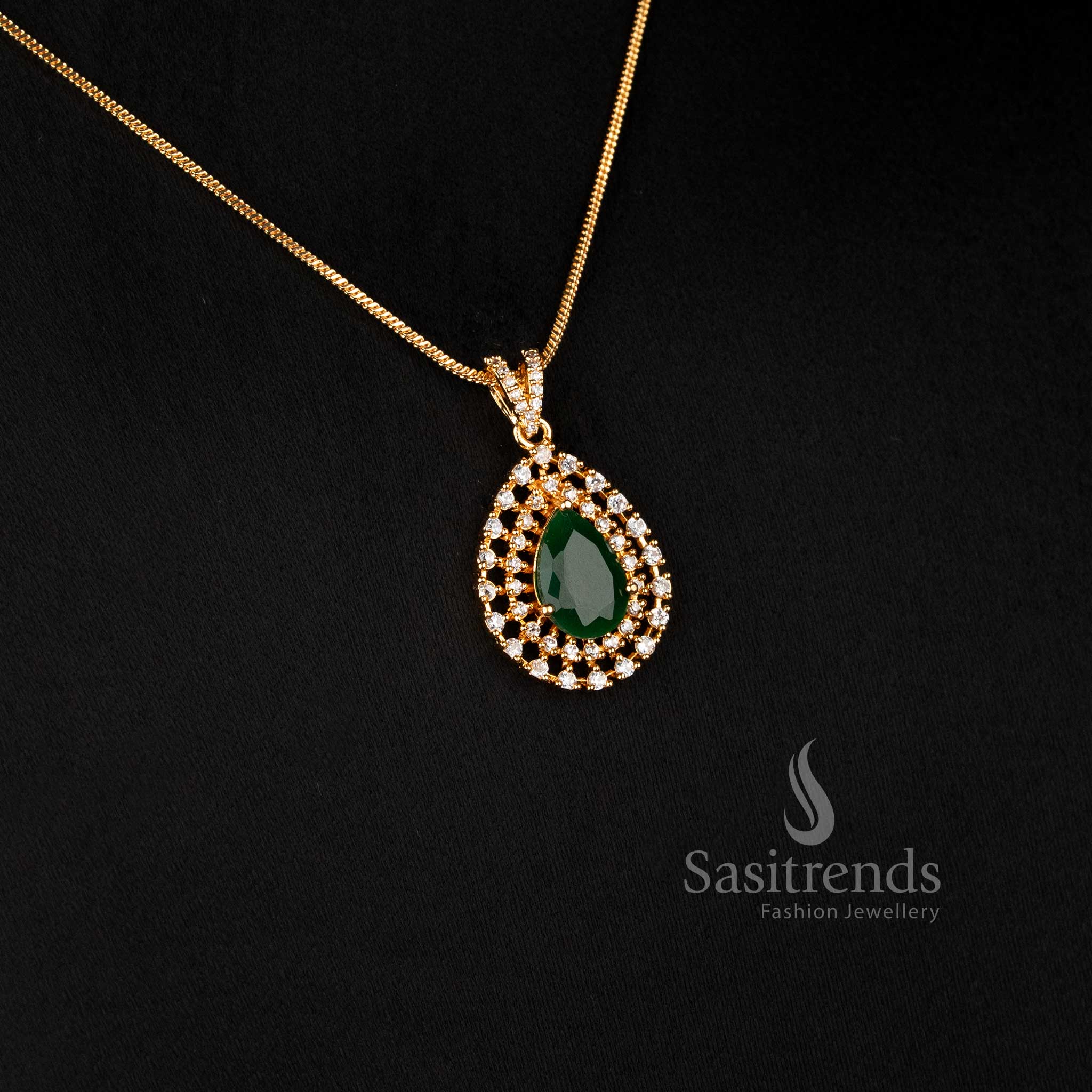 Elegant American Diamond Teardrop Pendant Chain Necklace with Pear-Shaped Center Stone and Double Halo Detailing - Sasitrends
