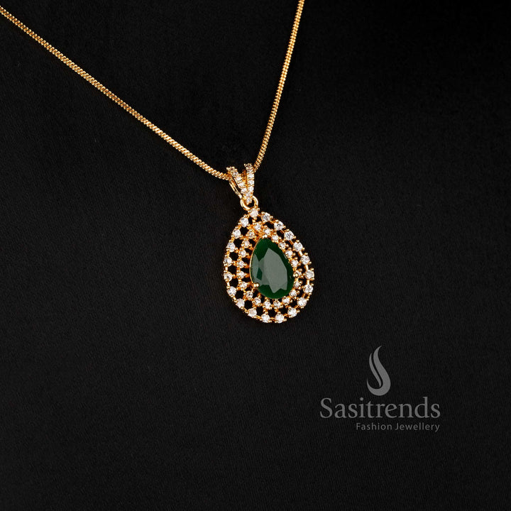 Elegant American Diamond Teardrop Pendant Chain Necklace with Pear-Shaped Center Stone and Double Halo Detailing - Sasitrends