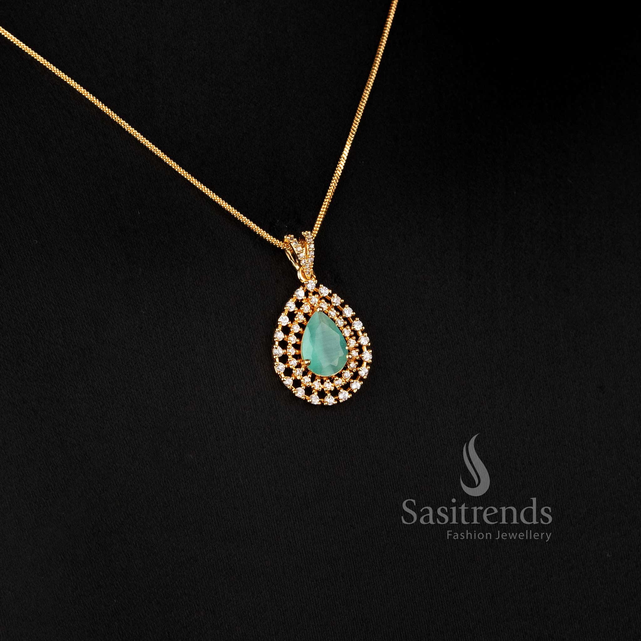 Sparkling Teardrop American Diamond Pendant Chain Necklace with Real Gold Look and Guaranteed Quality for Women - Sasitrends
