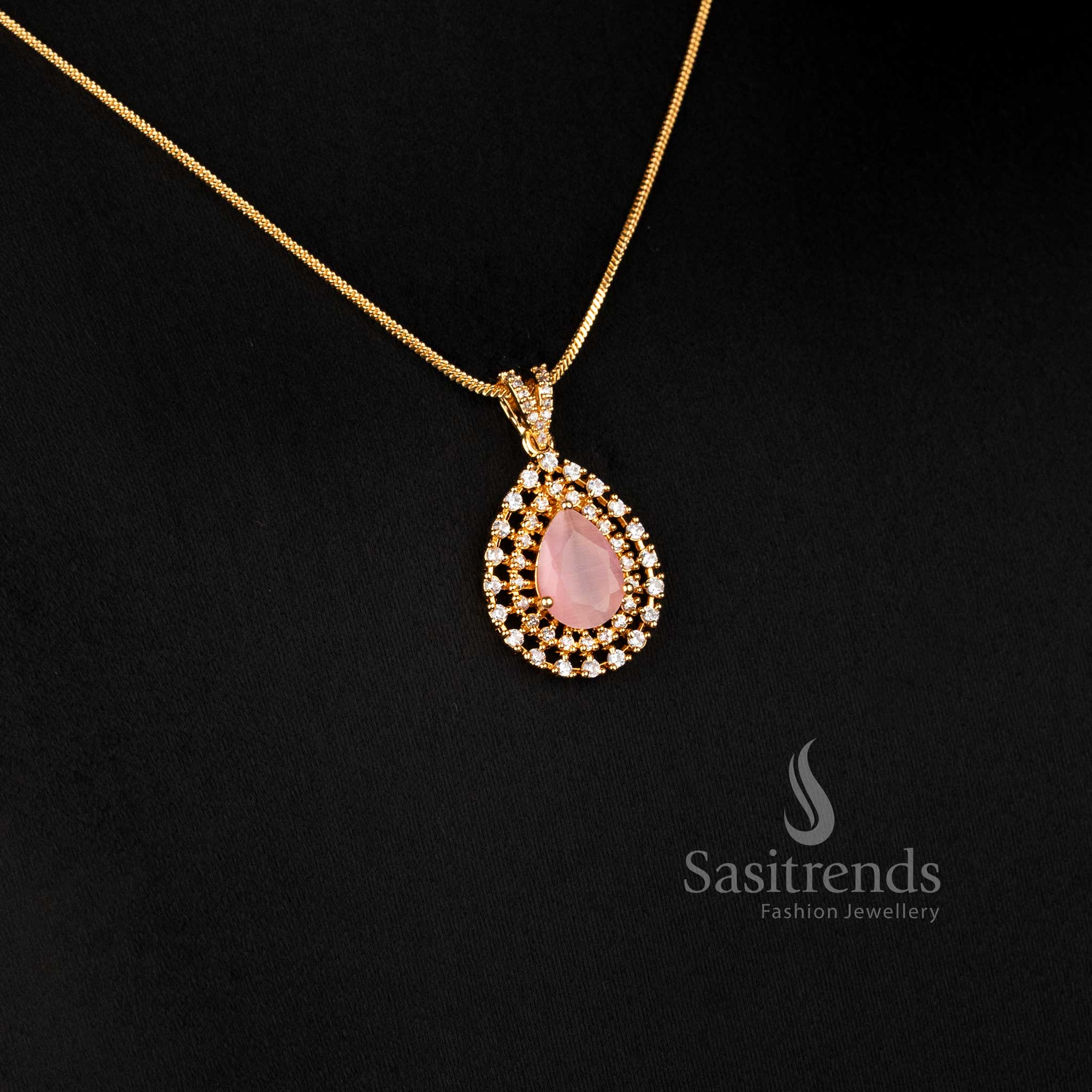 Micro Gold Plated AD Stone Teardrop Pendant Chain Necklace Set with Matching Pear-Shaped Stud Earrings for Women - Sasitrends
