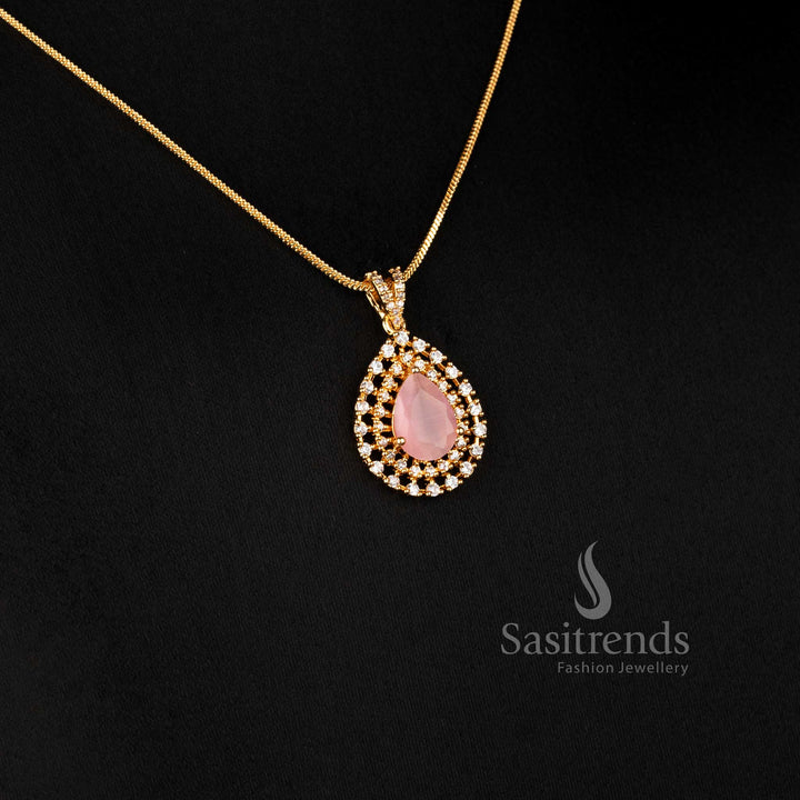 Micro Gold Plated AD Stone Teardrop Pendant Chain Necklace Set with Matching Pear-Shaped Stud Earrings for Women - Sasitrends