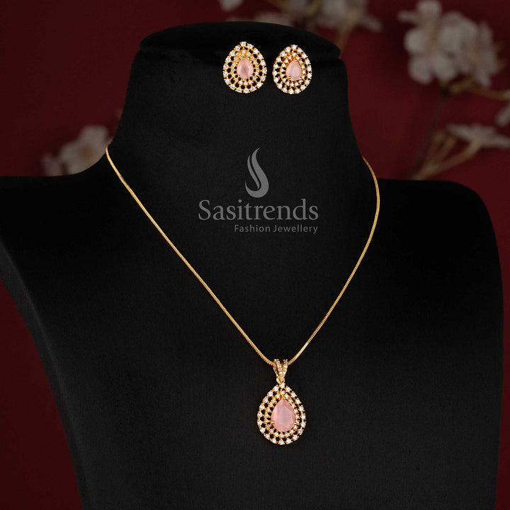 Elegant Micro Gold Plated American Diamond Teardrop Pendant Necklace Set for Party Wear Festive Wear Family Functions and Special Occasions - Sasitrends