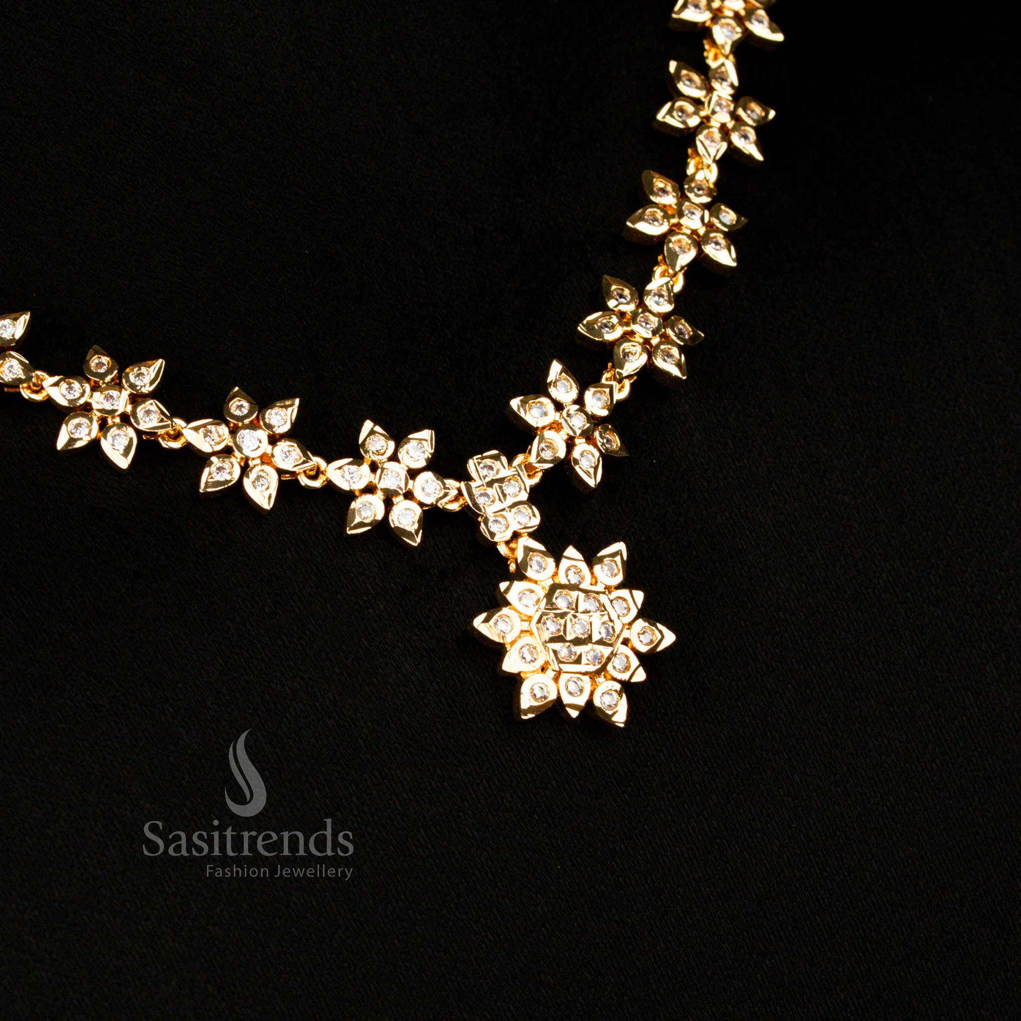Traditional Impon Addigai Micro Gold White Ad Floral Necklace Set - Sasitrends