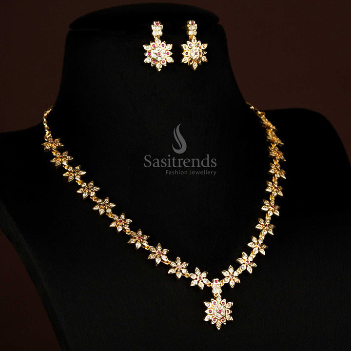Traditional Impon Addigai 24K Micro Gold Plated White Ruby Ad Floral Necklace Set - Sasitrends