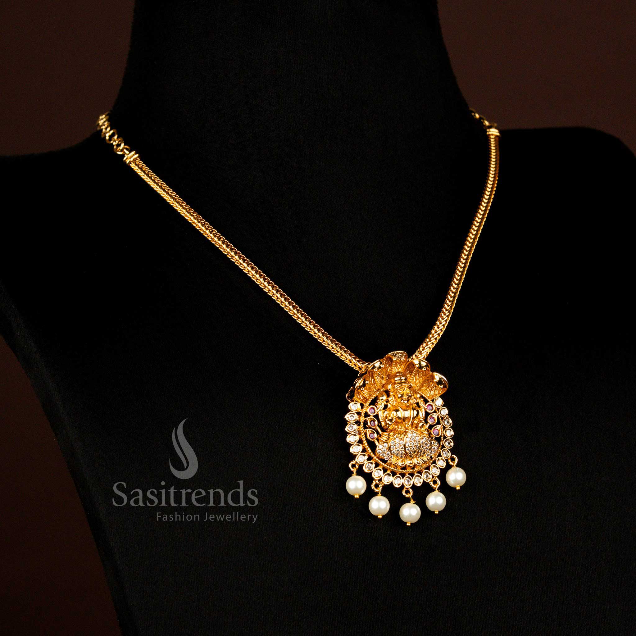 Traditional Matte Gold Plated White Ruby Ad 5 Head Anaku Hood Lakshmi Pendant Necklace - Sasitrends