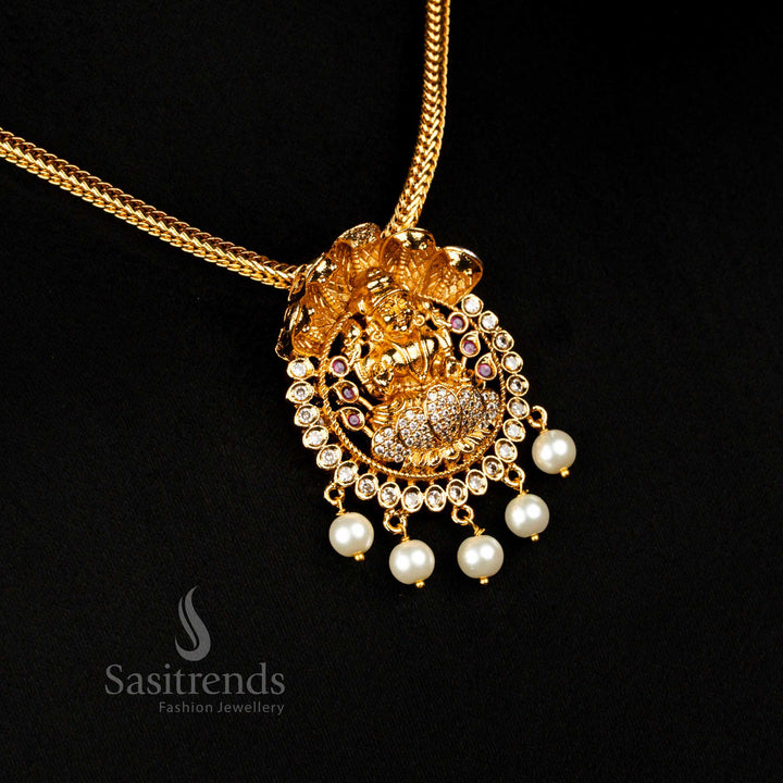 Traditional Matte Gold Plated White White Ruby Ad 5 Head Anaku Hood Lakshmi Pendant Necklace - Sasitrends