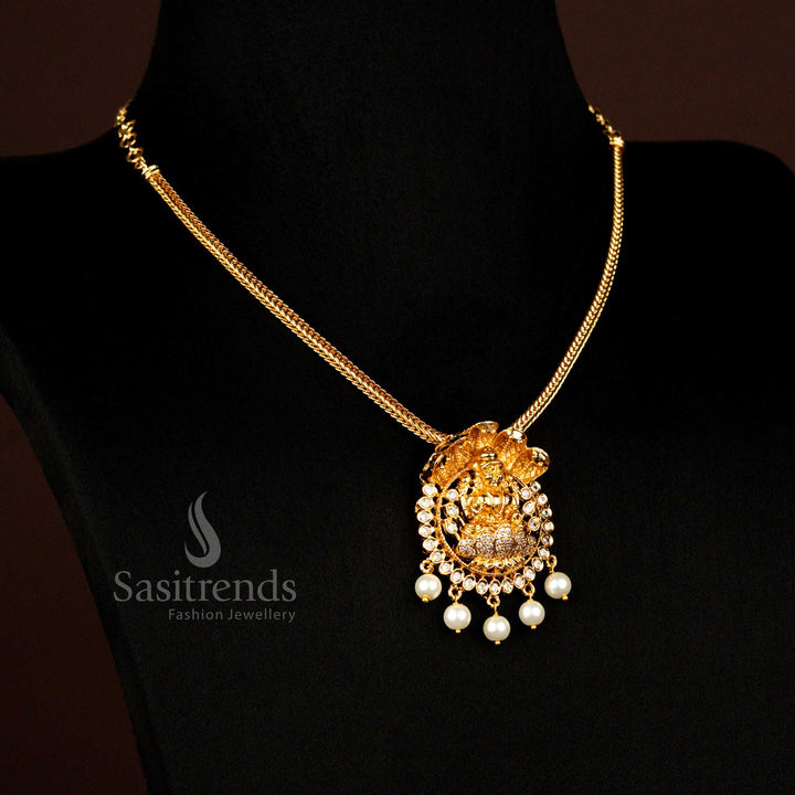 Traditional Temple Wear Matte Gold Plated White Ad 5 Head Anaku Hood Lakshmi Pendant Necklace - Sasitrends