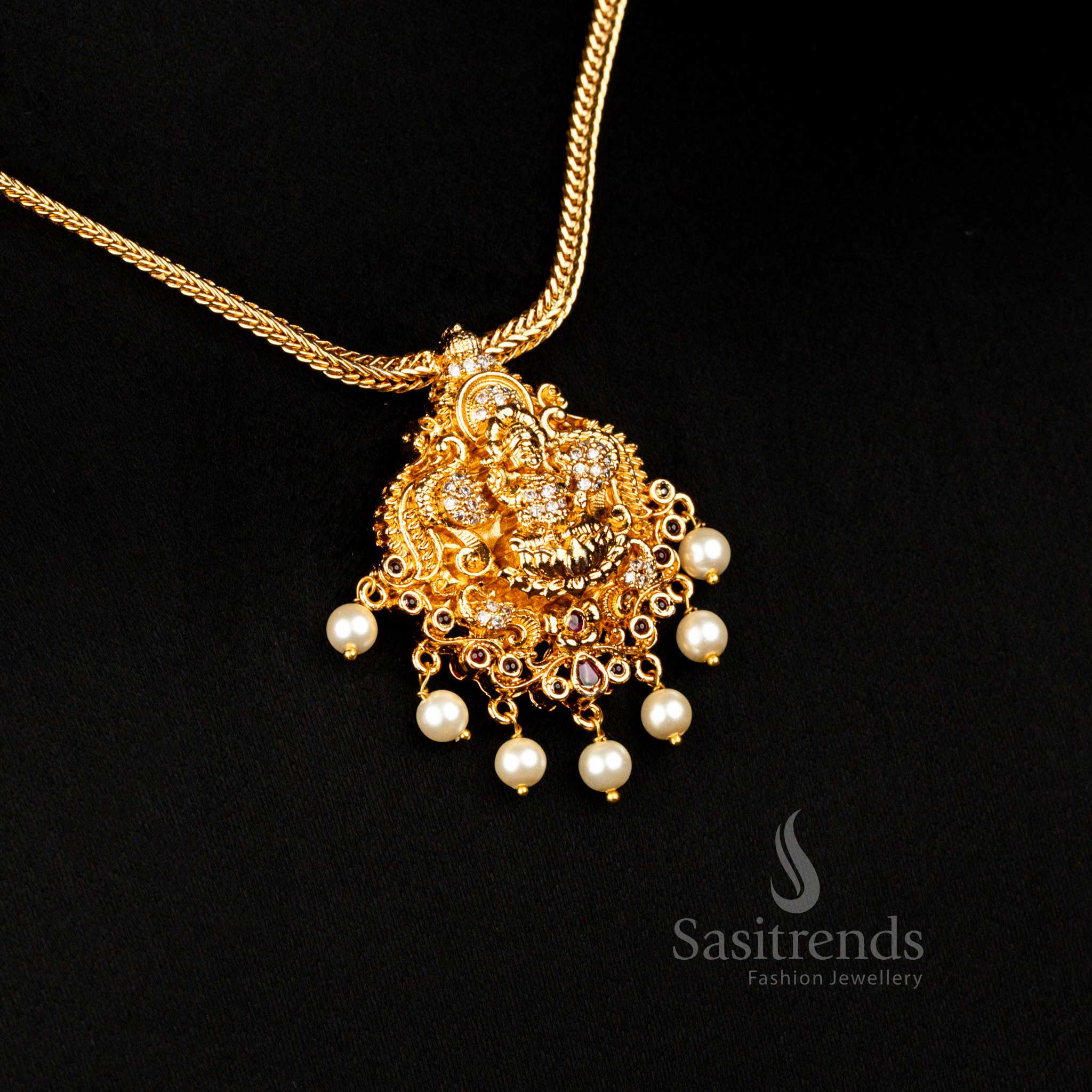 
Temple Matte Gold Plated White Ruby Ad Peacock Lakshmi Pendant Necklace , Bridal Wear - Sasitrends
