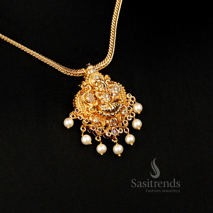 
Temple Matte Gold Plated White Ruby Ad Peacock Lakshmi Pendant Necklace , Bridal Wear - Sasitrends
