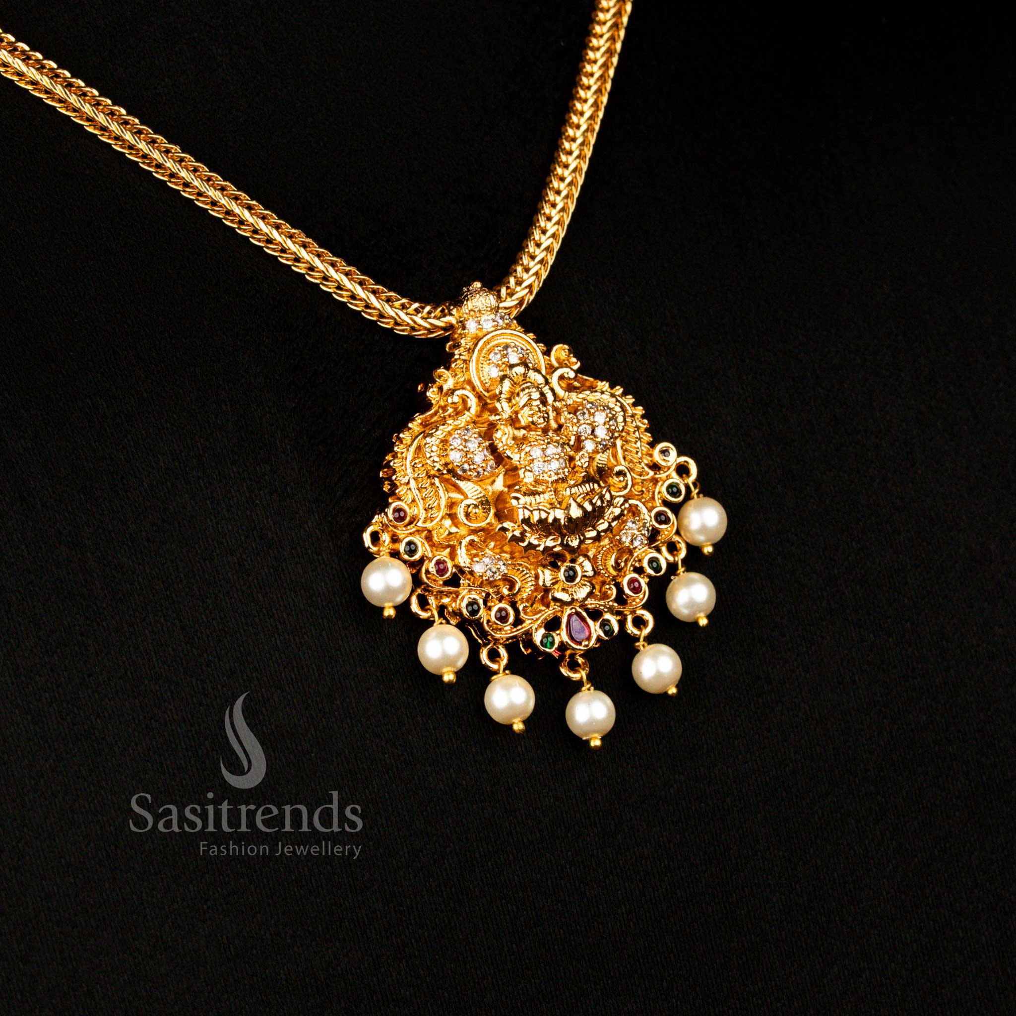 
Temple Matte Gold Plated Multi Ad Peacock Lakshmi Pendant Necklace , Bridal Wear - Sasitrends

