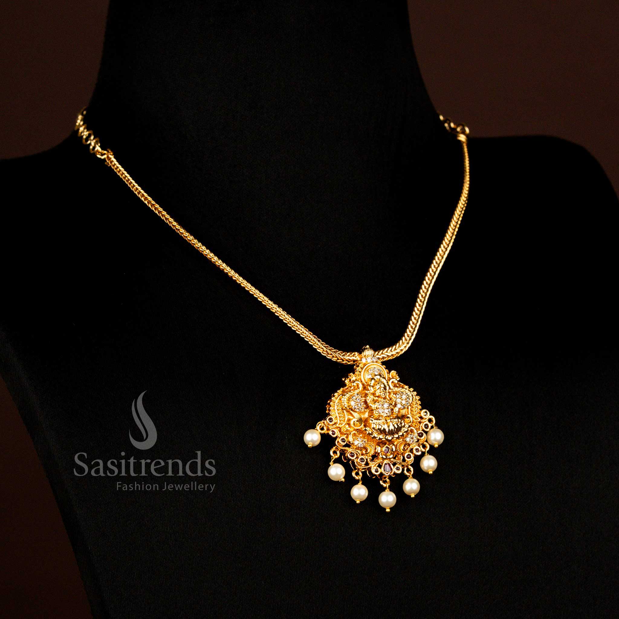 Temple Matte Gold Plated White Ruby Ad Peacock Lakshmi Pendant Necklace , Bridal Wear - Sasitrends
