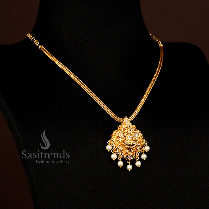 Traditional Matte Gold Plated Multi Ad Peacock Lakshmi Pendant Pearl Necklace - Sasitrends