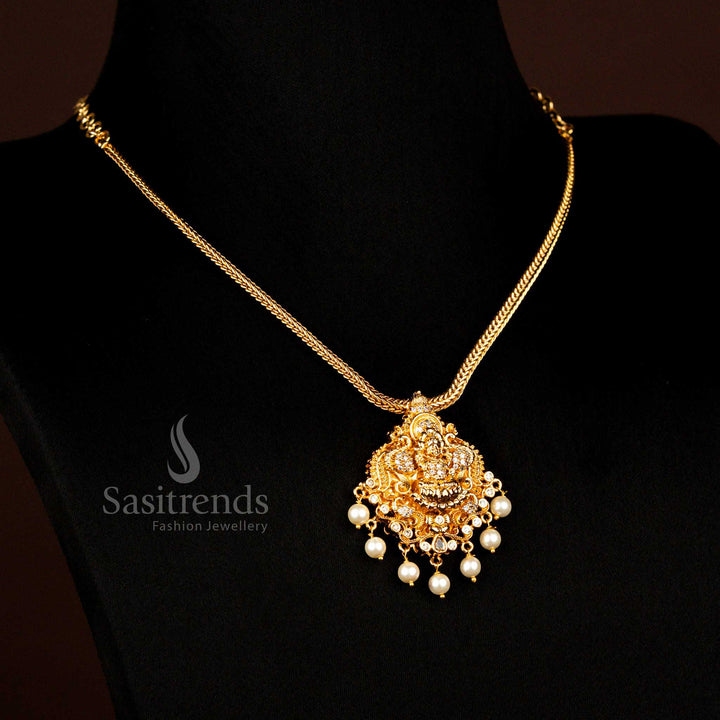 Traditional Matte Gold Plated White Ad Peacock Lakshmi Pendant Necklace - Sasitrends