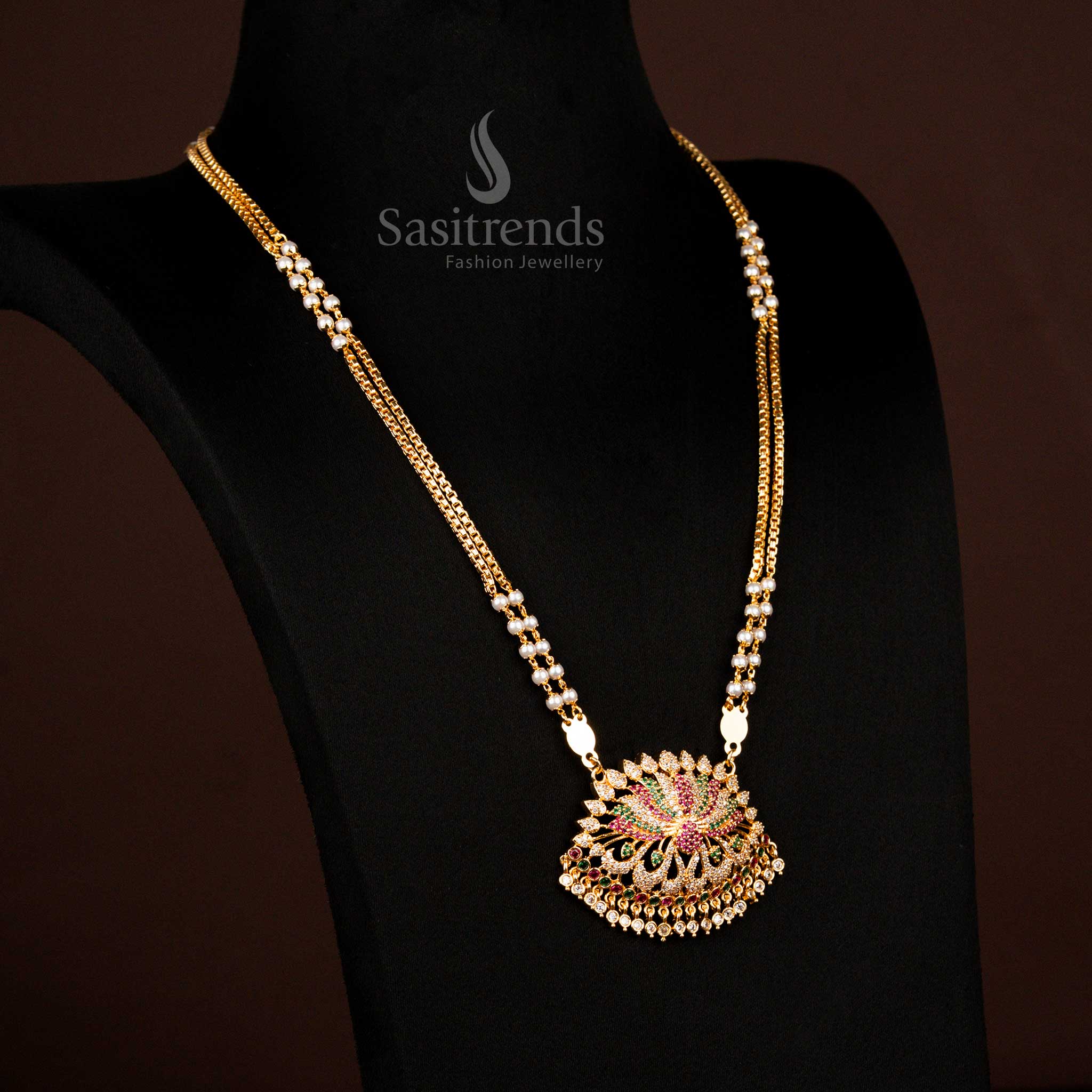 Exquisite Micro Gold Plated Guaranteed AD Stone Lotus Pendant Necklace With Double Layer Chain For Bridal Ensembles Sasitrends