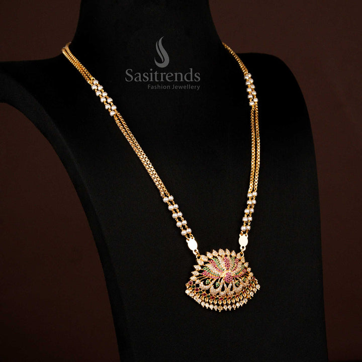 Exquisite Micro Gold Plated Guaranteed AD Stone Lotus Pendant Necklace With Double Layer Chain For Bridal Ensembles Sasitrends