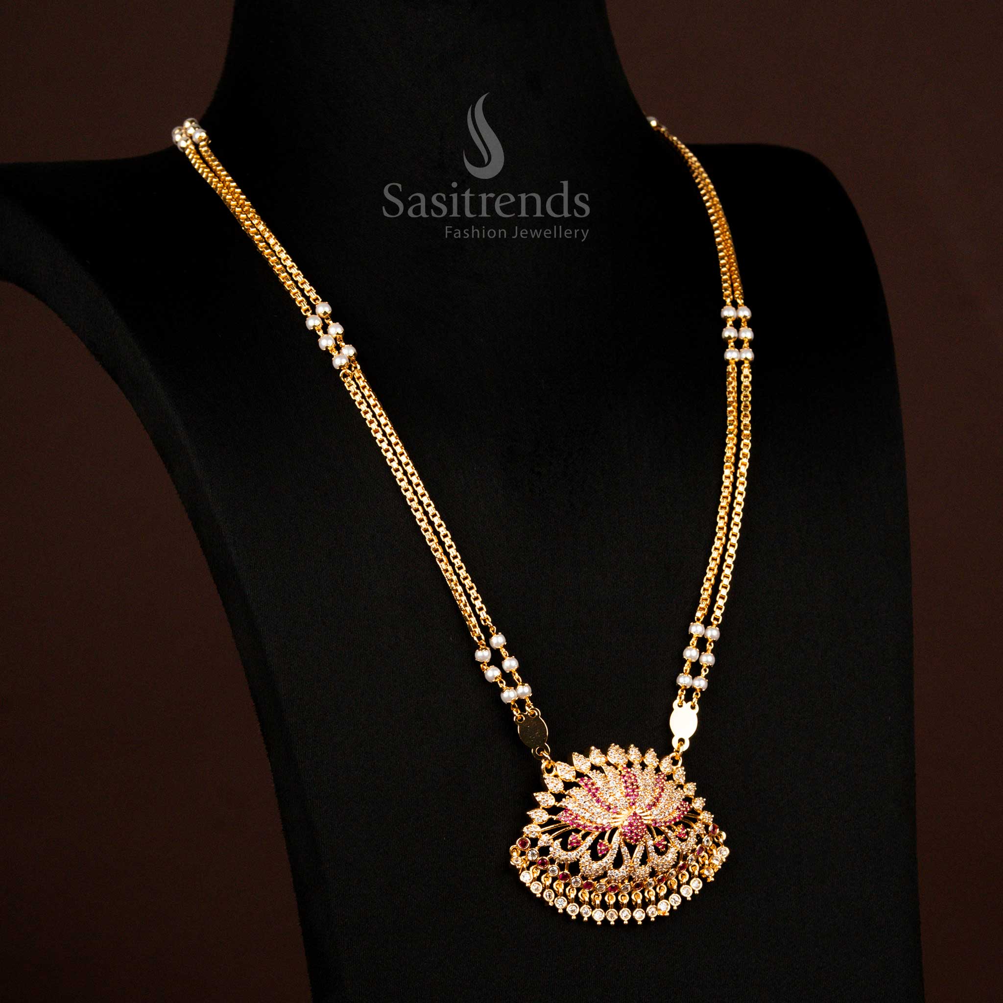 Lavish Micro Gold Plated Guaranteed AD Stone Studded Lotus Pendant Necklace Crafted With High Quality Detail Sasitrends