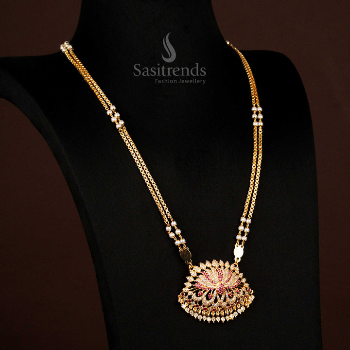 Guaranteed One Gram Micro Gold Plated American Diamond Stone Two Layer Lotus Design Necklaces Jewellery