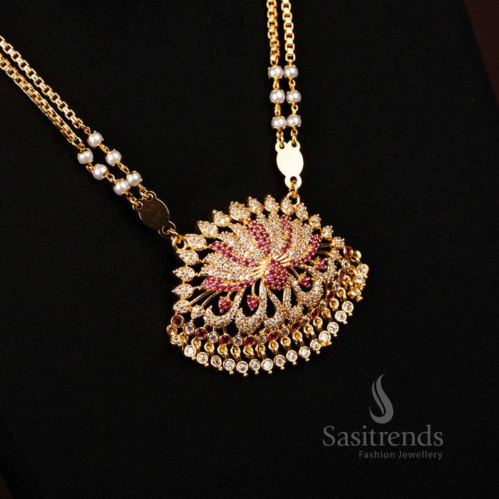 Guaranteed Traditional wear 1 Gram Micro Gold Plated White Ruby Ad Lotus Long Necklace - Sasitrends