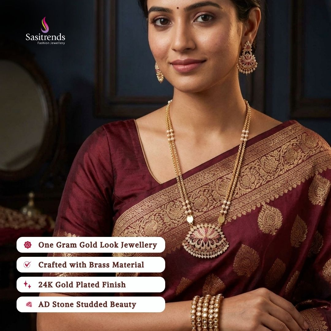 Guaranteed Micro gold plated AD stone long necklace model image - Sasitrends