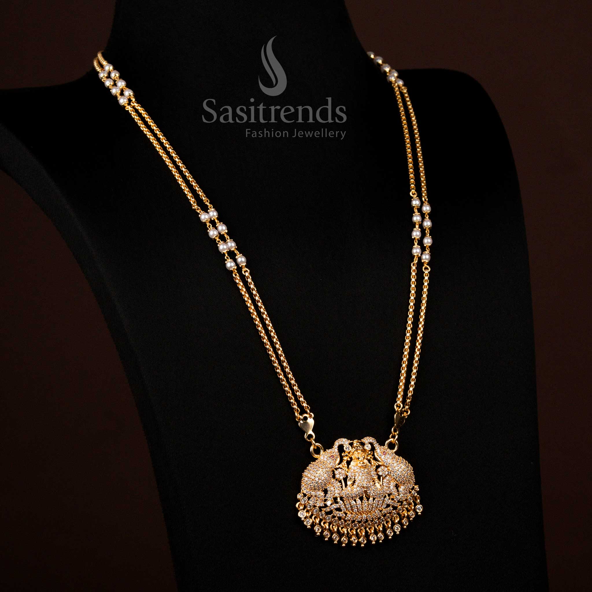 Guaranteed 1 Gram Micro Gold Plated White Ad Lakshimi Long Necklace - Sasitrends