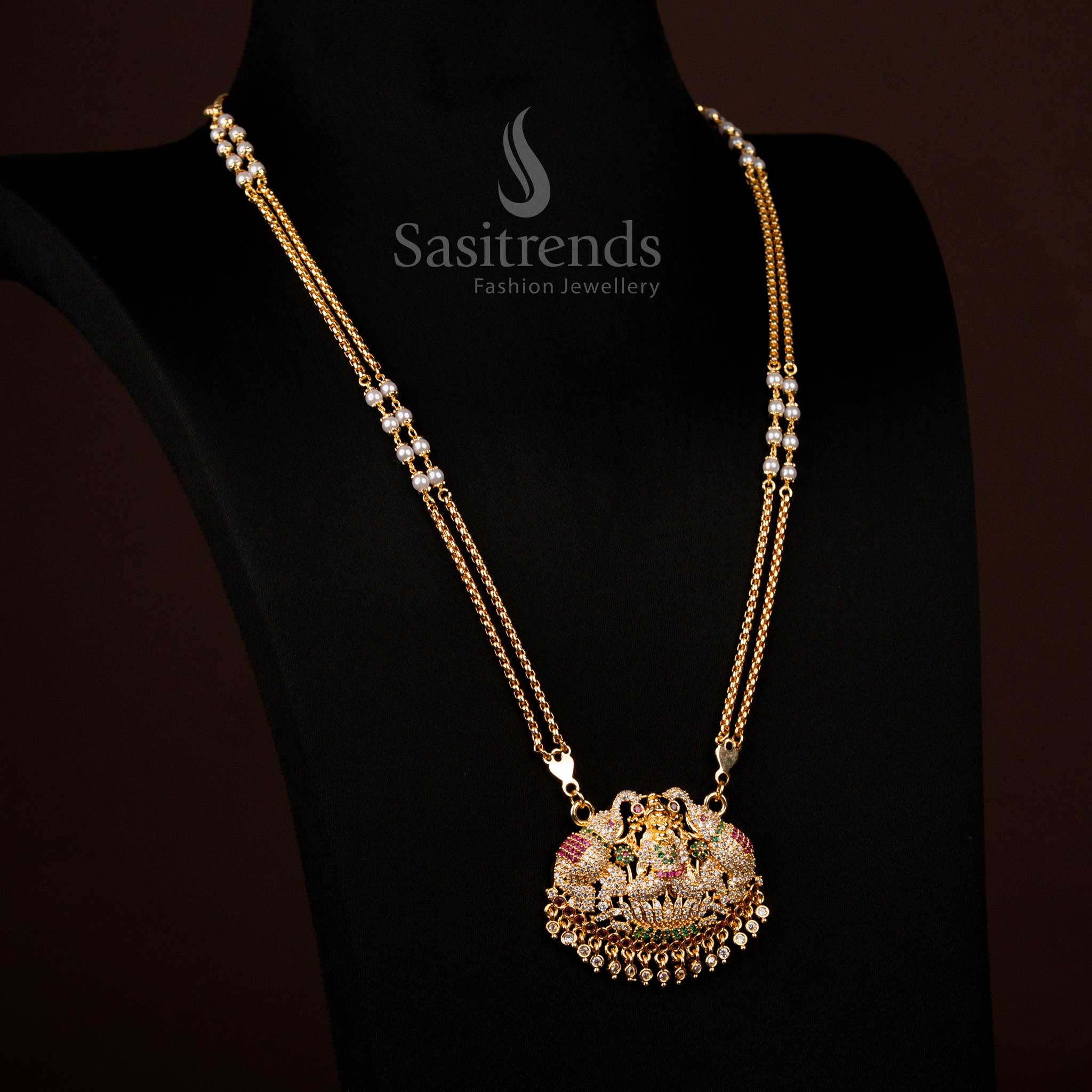Guaranteed 1 Gram Micro Gold Plated Multi Ad Lakshimi Long Necklace - Sasitrends
