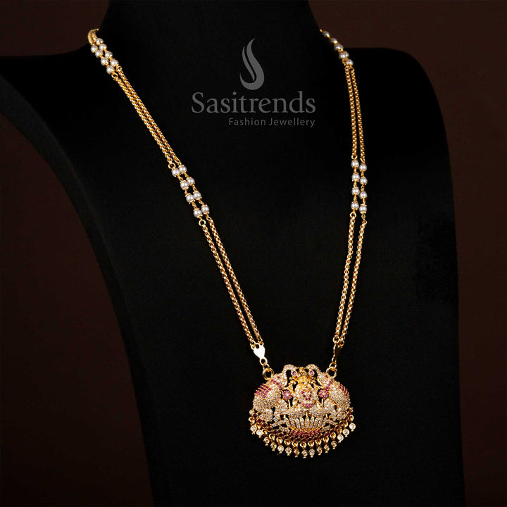 One Gram Micro Gold Plated White Ruby Ad Lakshimi Long Necklace - Sasitrends