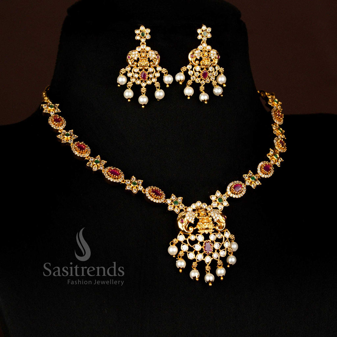 Premium Temple Matte Gold Plated Lakshmi Floral Multi Ad Stone Necklace Set - Sasitrends