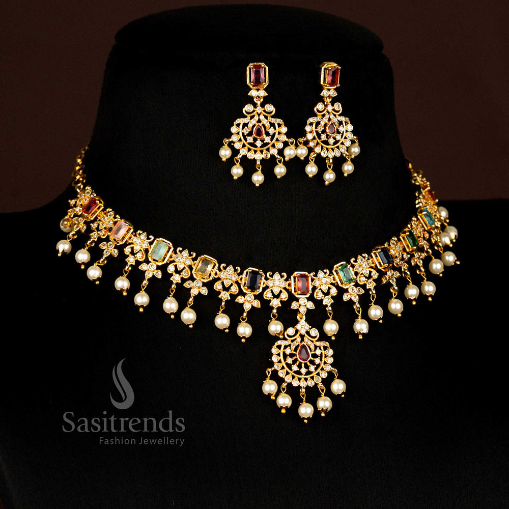 Traditional Premium Temple Matte Gold Plated Rectangle Floral Multi Ad Stone Necklace Set - Sasitrends