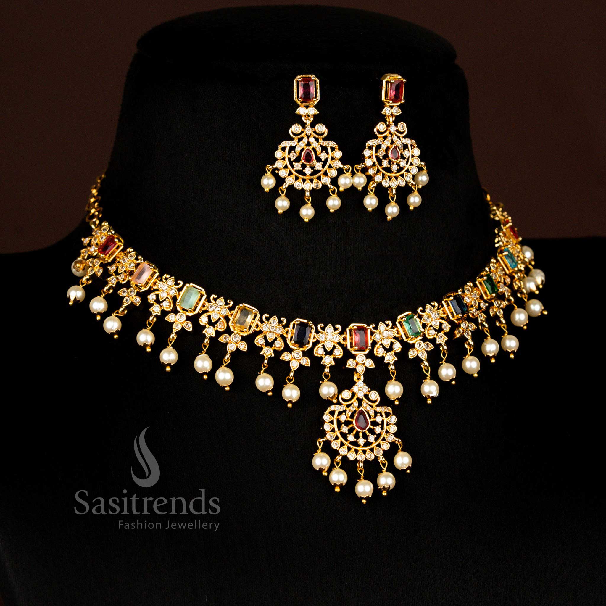 Traditional Premium Temple Matte Gold Plated Rectangle Floral Multi Ad Stone Necklace Set - Sasitrends