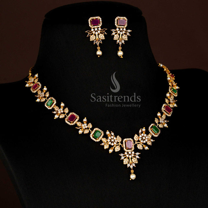 Premium Temple Wear Matte Gold Rectangle Floral Multi Ad Stone Pearl Necklace Set - Sasitrends