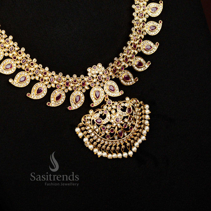 Grand White Ruby Colour Temple Matte Gold Combo Peacock Mango Necklace Jewellery Designed For Brides Wedding And Special Festive Occasions By Sasitrends