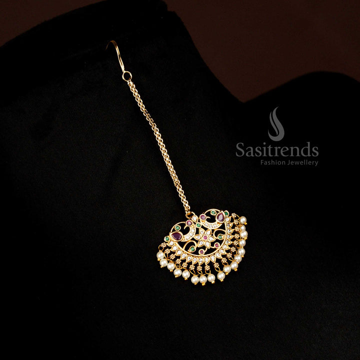 Grand Multi Colour Temple Matte Gold Combo Peacock Mango Necklace Jewellery Designed For Brides Wedding And Special Festive Occasions By Sasitrends