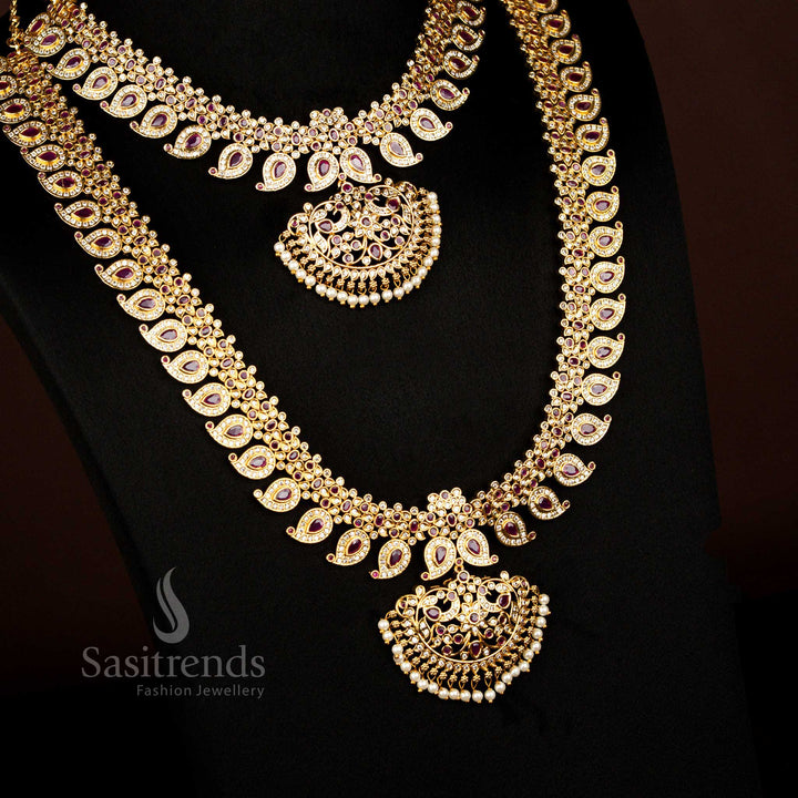 Grand White Ruby Colour Temple Matte Gold Combo Peacock Mango Necklace Jewellery Designed For Brides Wedding And Special Festive Occasions By Sasitrends