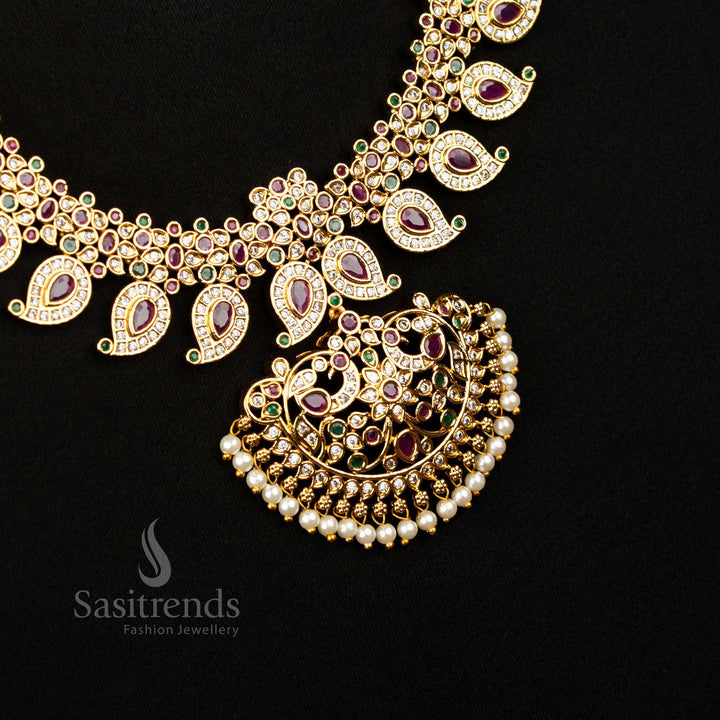 Grand Multi Colour Temple Matte Gold Combo Peacock Mango Necklace Jewellery Designed For Brides Wedding And Special Festive Occasions By Sasitrends