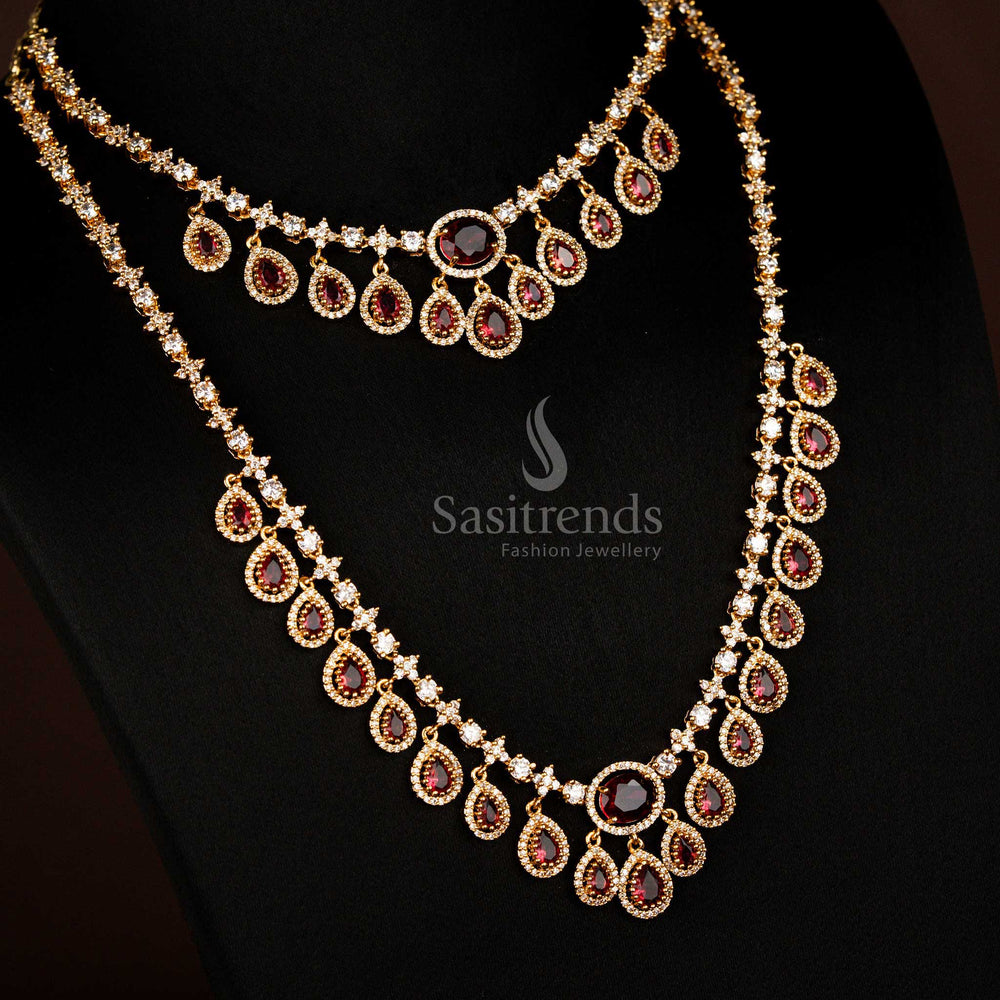 Sparkling American diamond matte gold plated water drop necklace combo for wedding and party Sasitrends