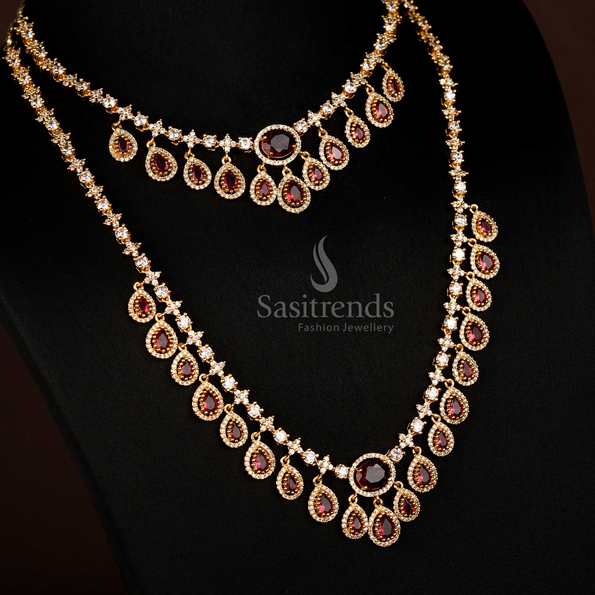 Sparkling American diamond matte gold plated water drop necklace combo for wedding and party Sasitrends